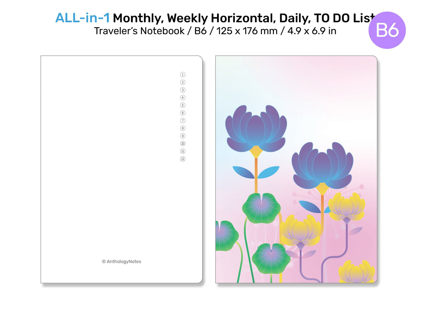 B6 TN All-in-One Monthly, Weekly Horizontal, Tracker / TO DO List, Grid Notes Printable Traveler's Notebook Insert