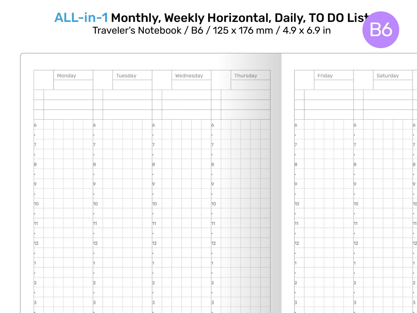 B6 TN All-in-One Monthly, Weekly Horizontal, Tracker / TO DO List, Grid Notes Printable Traveler's Notebook Insert