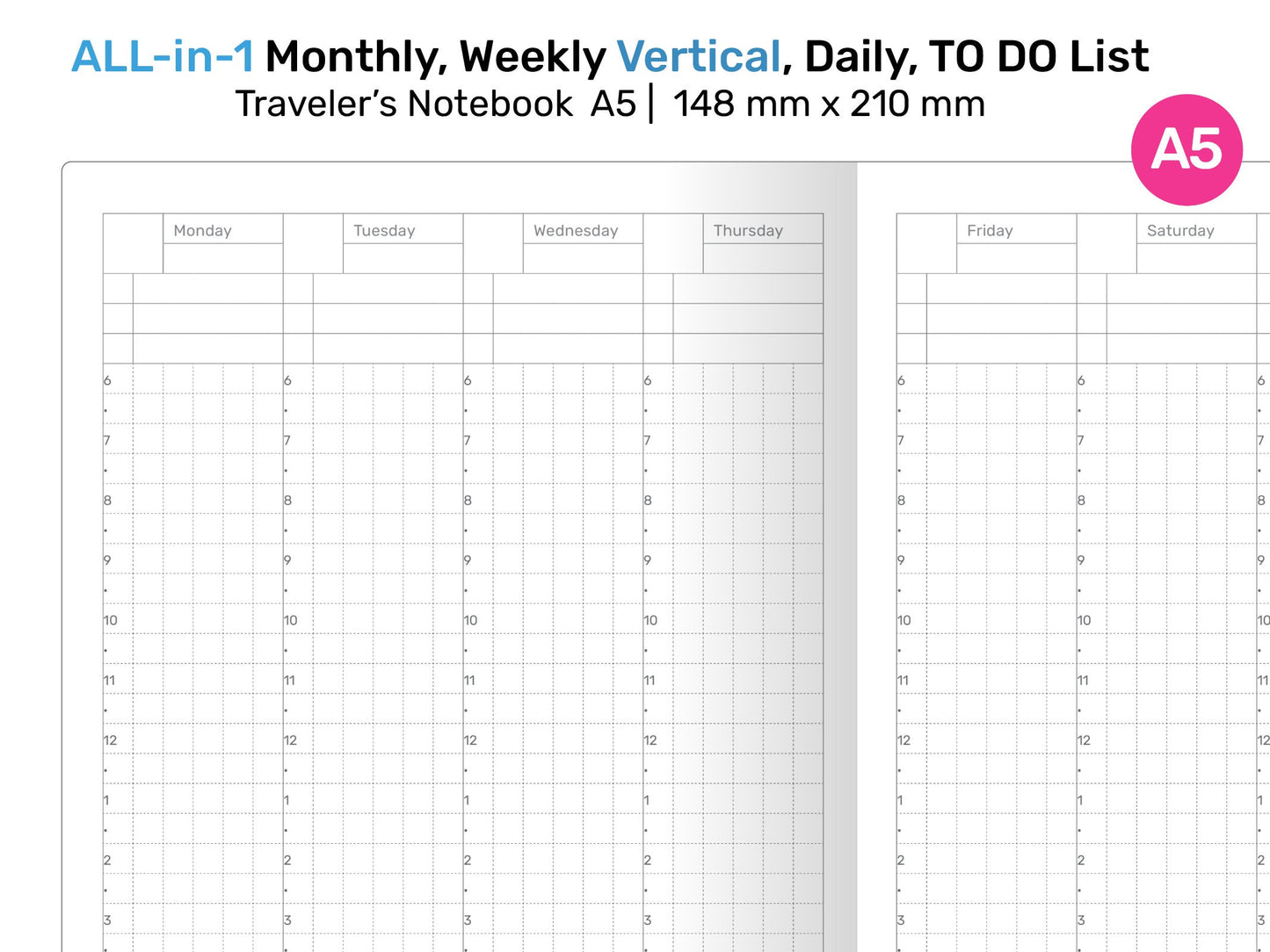 A5 TN All-in-One Monthly, Weekly Vertical, Tracker & TO DO List, Grid Notes Printable Travel A522-005er's Notebook Insert