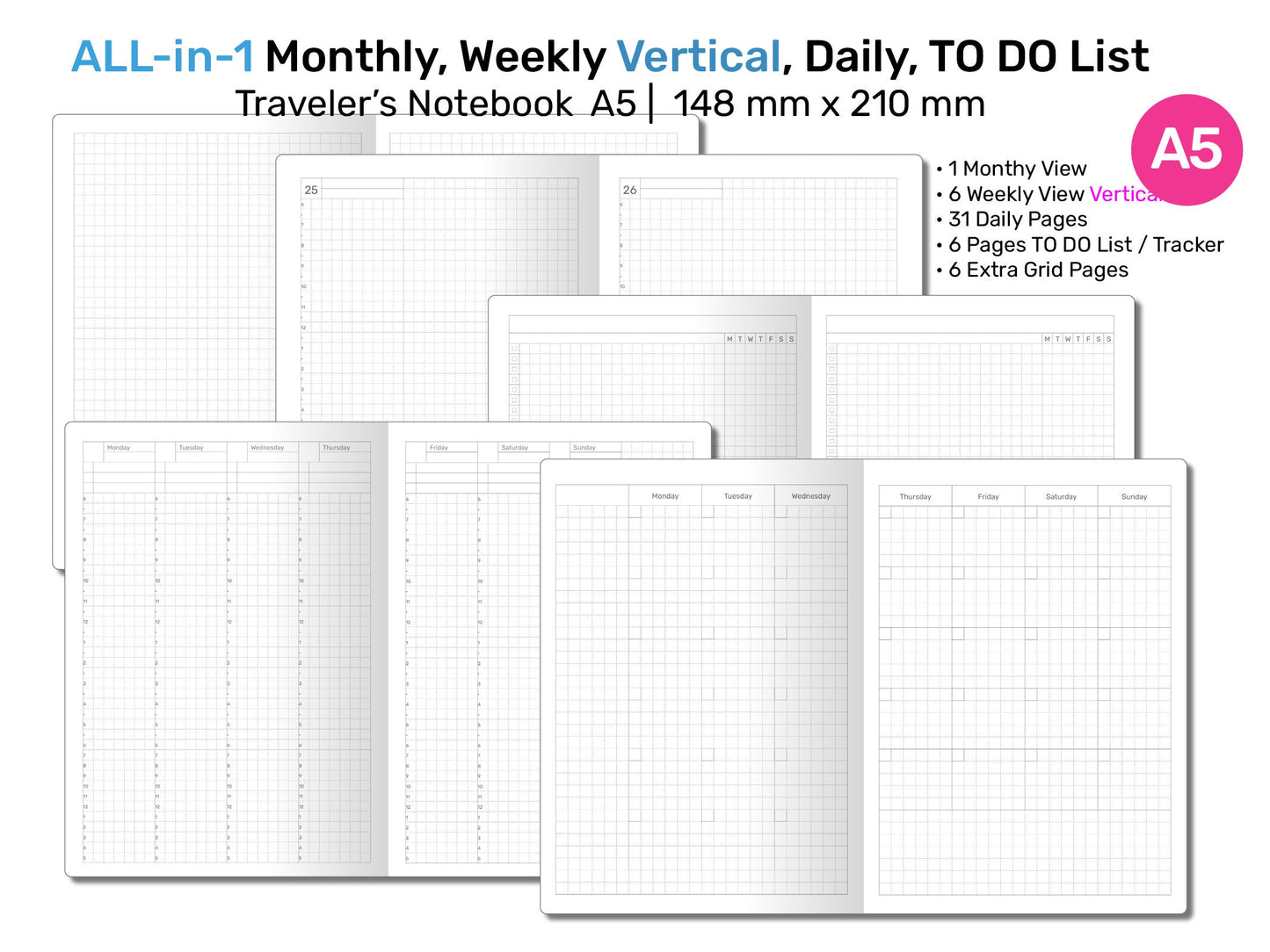 A5 TN All-in-One Monthly, Weekly Vertical, Tracker & TO DO List, Grid Notes Printable Travel A522-005er's Notebook Insert