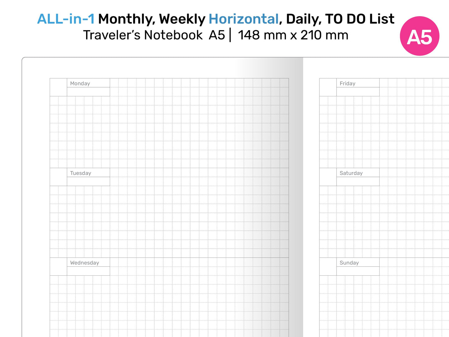 A5 TN All-in-One Monthly, Weekly HORIZONTAL, Tracker & To do List, Grid Notes Printable Traveler's Notebook Insert