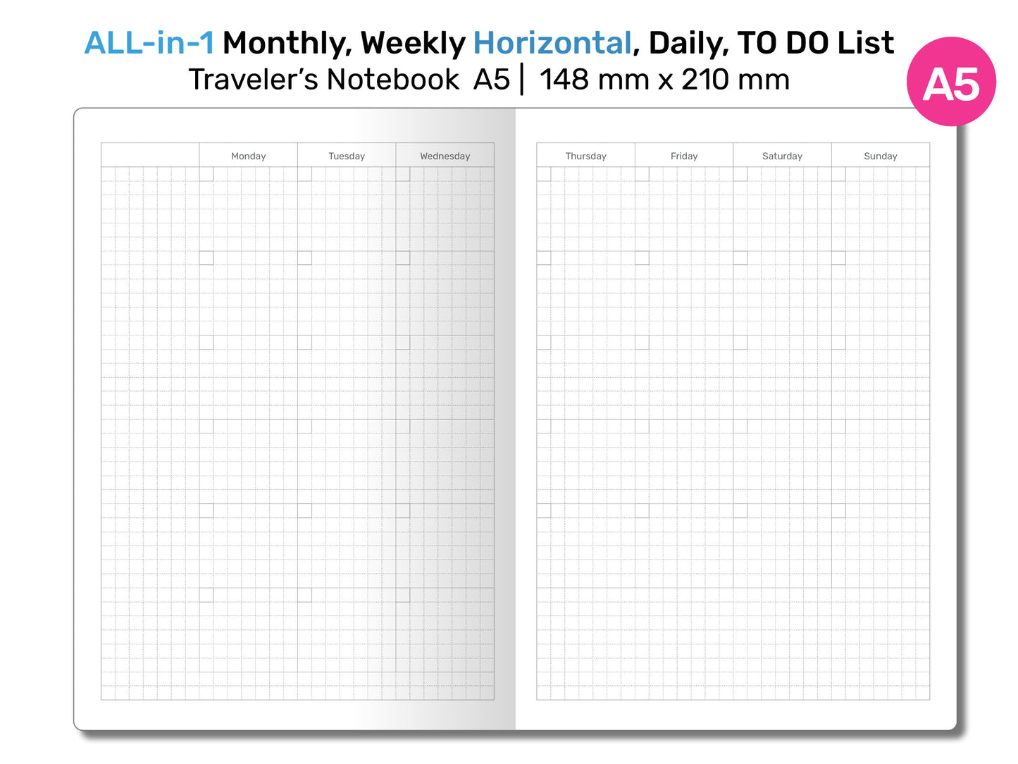 A5 TN All-in-One Monthly, Weekly HORIZONTAL, Tracker & To do List, Grid Notes Printable Traveler's Notebook Insert