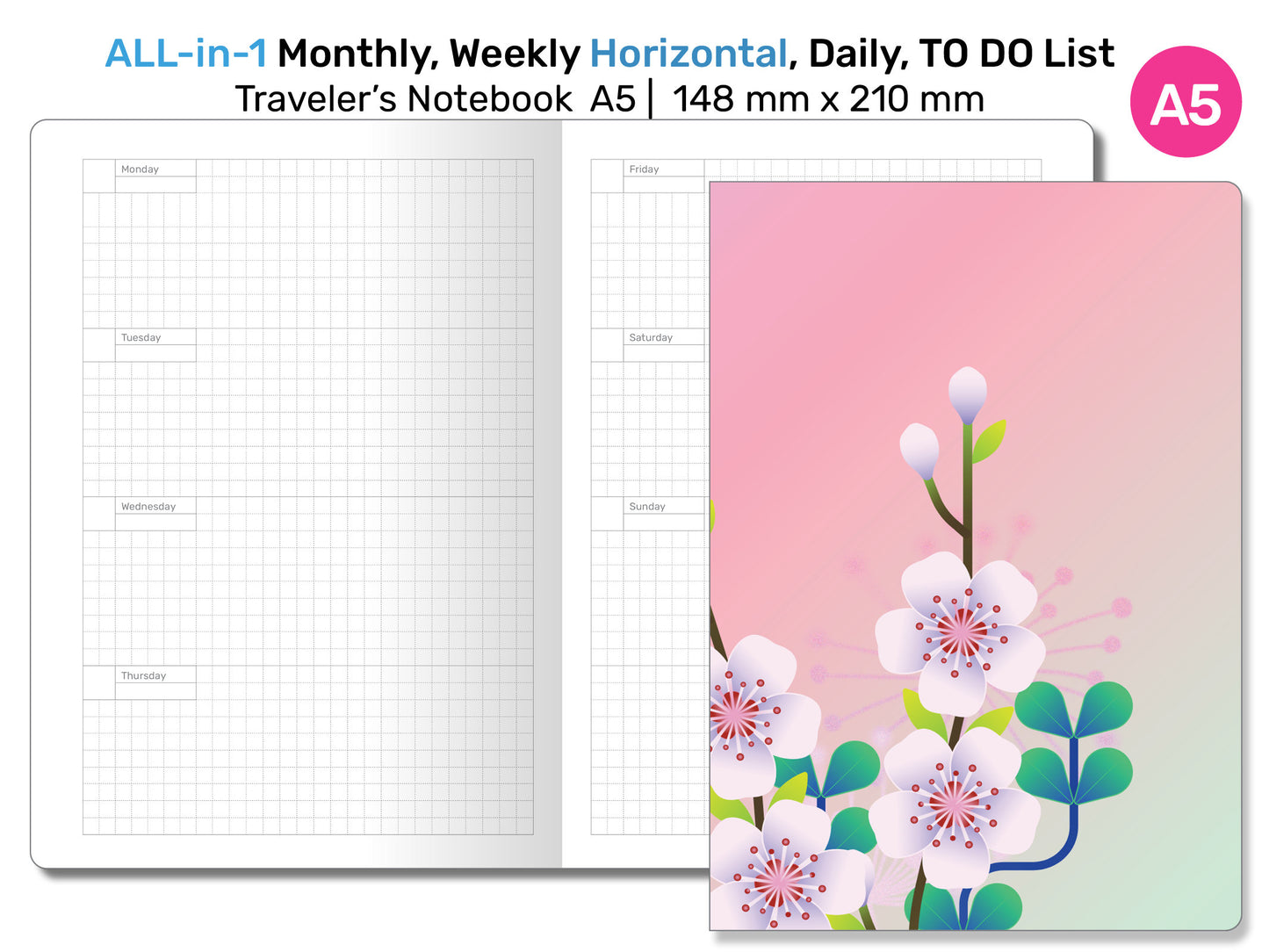 A5 TN All-in-One Monthly, Weekly HORIZONTAL, Tracker & To do List, Grid Notes Printable Traveler's Notebook Insert