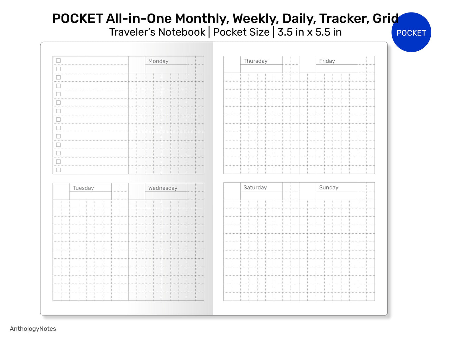 POCKET TN All-in-One Monthly View, Tracker, Weekly, Daily, To Do List Printable Traveler's Notebook Refill