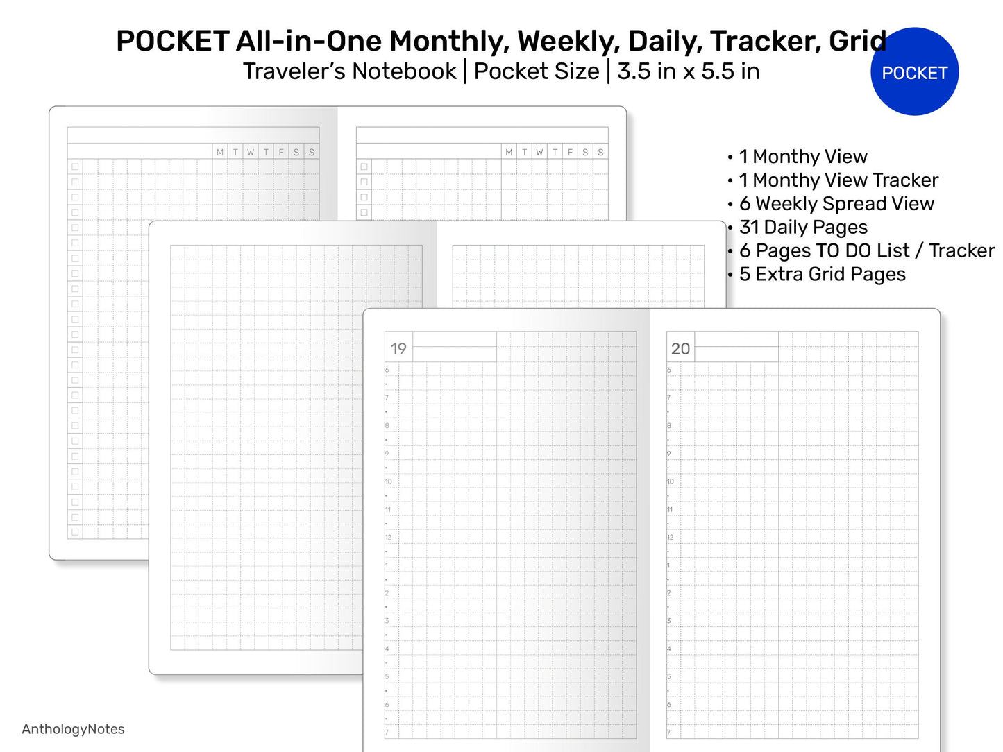 POCKET TN All-in-One Monthly View, Tracker, Weekly, Daily, To Do List Printable Traveler's Notebook Refill