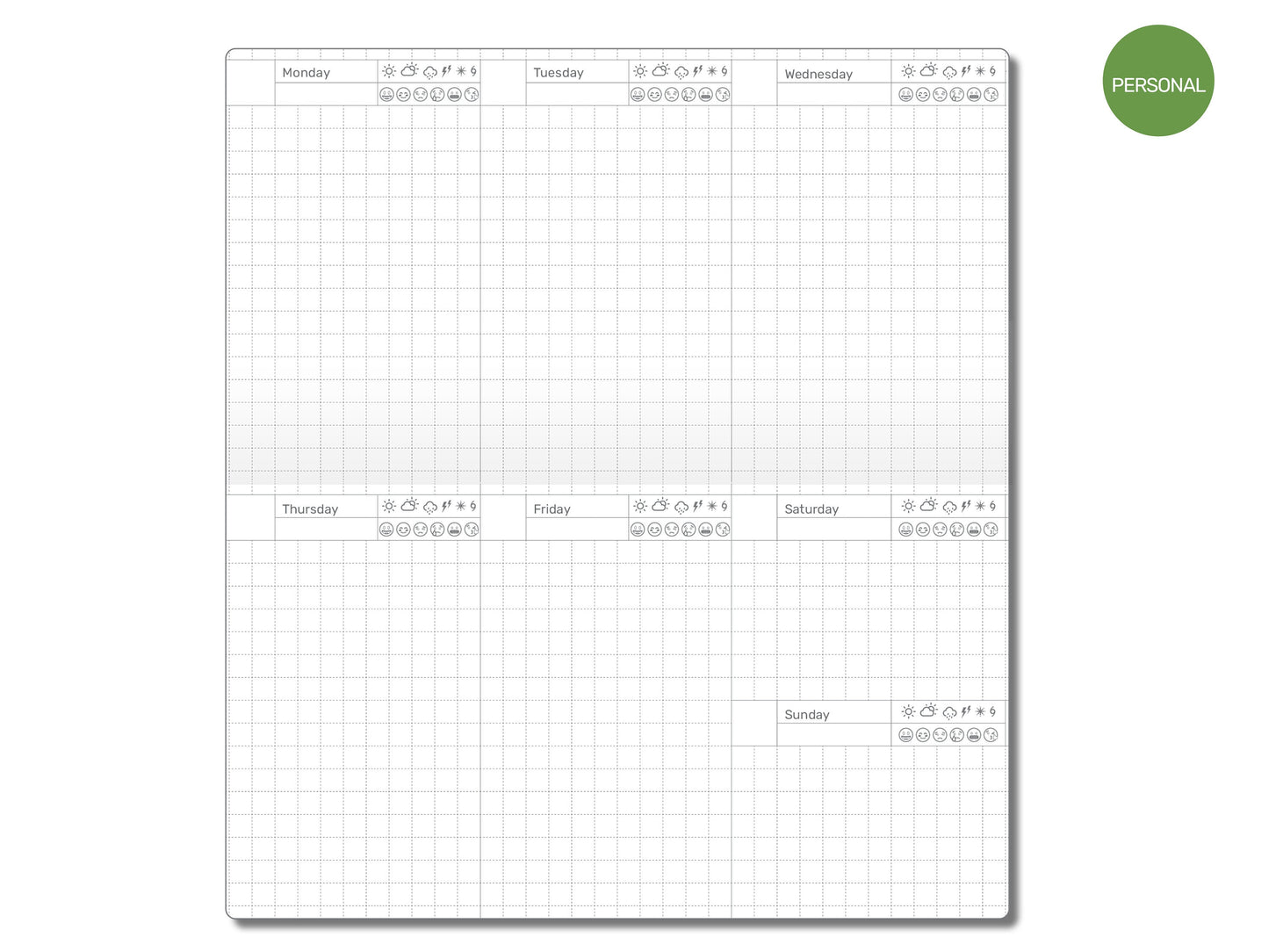 TN Personal Size Weekly View Grid  LANDSCAPE Format - Weather, Mood Tracker - Minimalist Wo2P Traveler's Notebook Printable Refill Insert