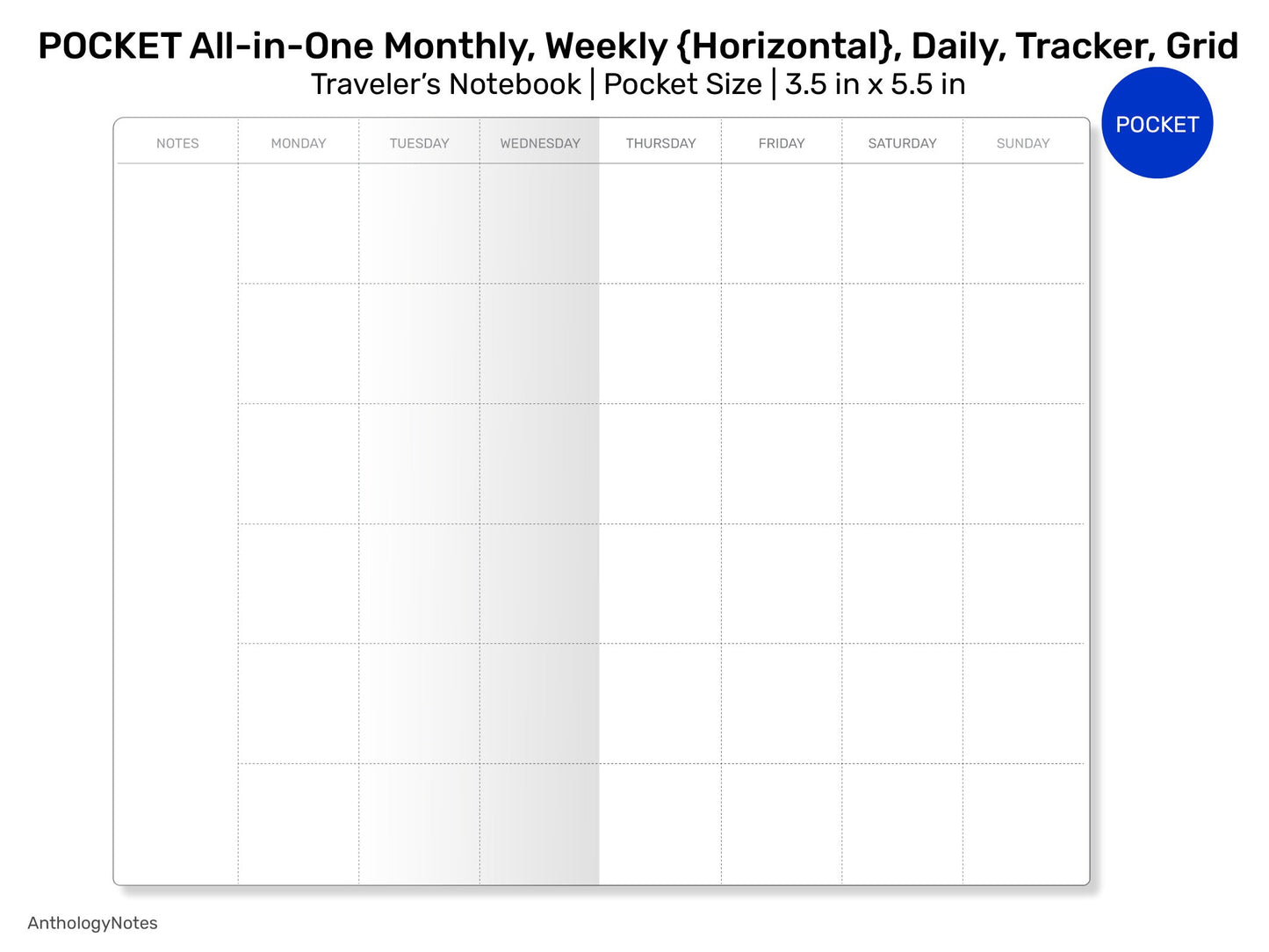 POCKET TN All-in-One Monthly View, Tracker, Weekly HORIZONTAL, Daily, To Do List Printable Traveler's Notebook Refill