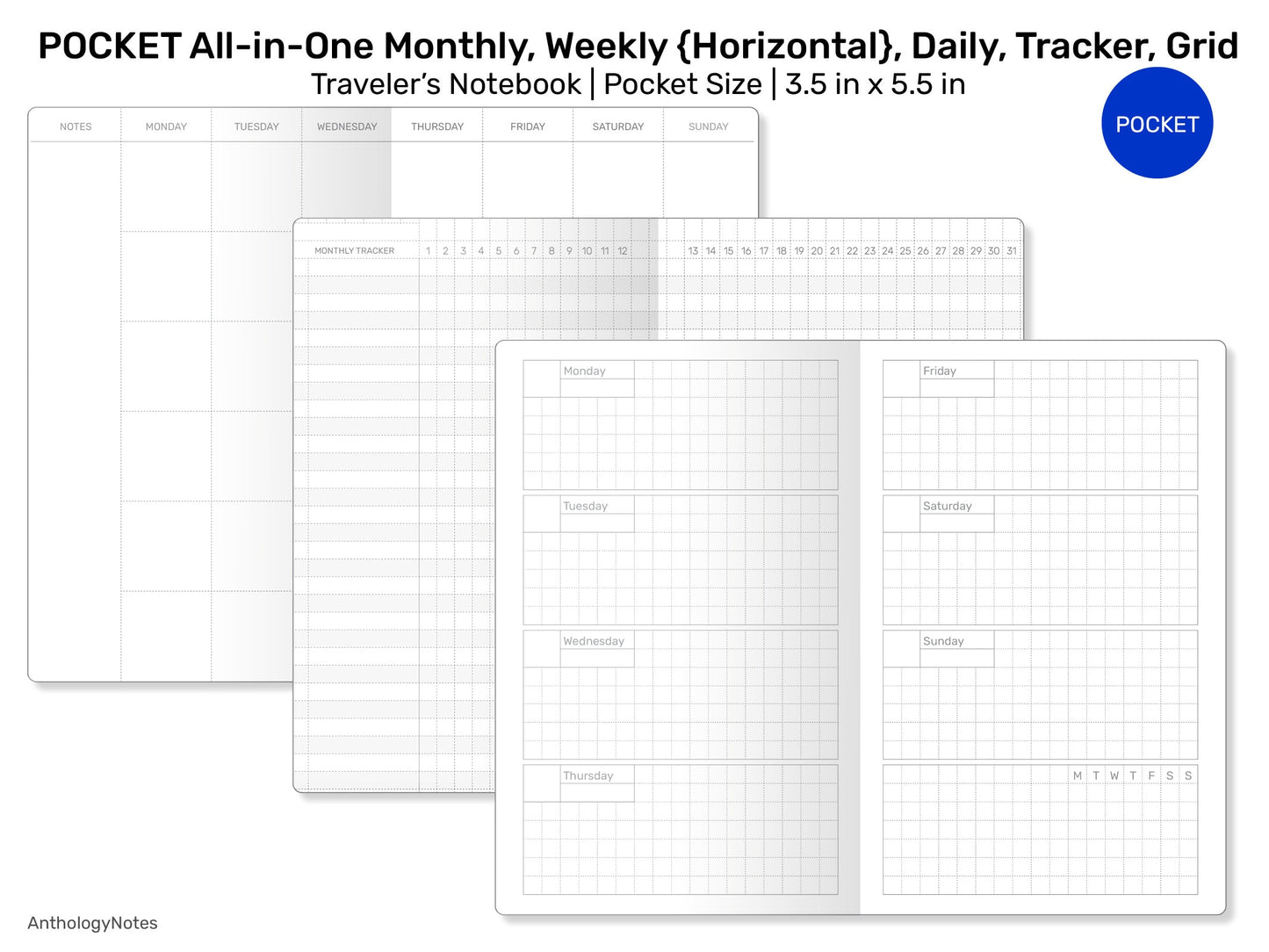 POCKET TN All-in-One Monthly View, Tracker, Weekly HORIZONTAL, Daily, To Do List Printable Traveler's Notebook Refill