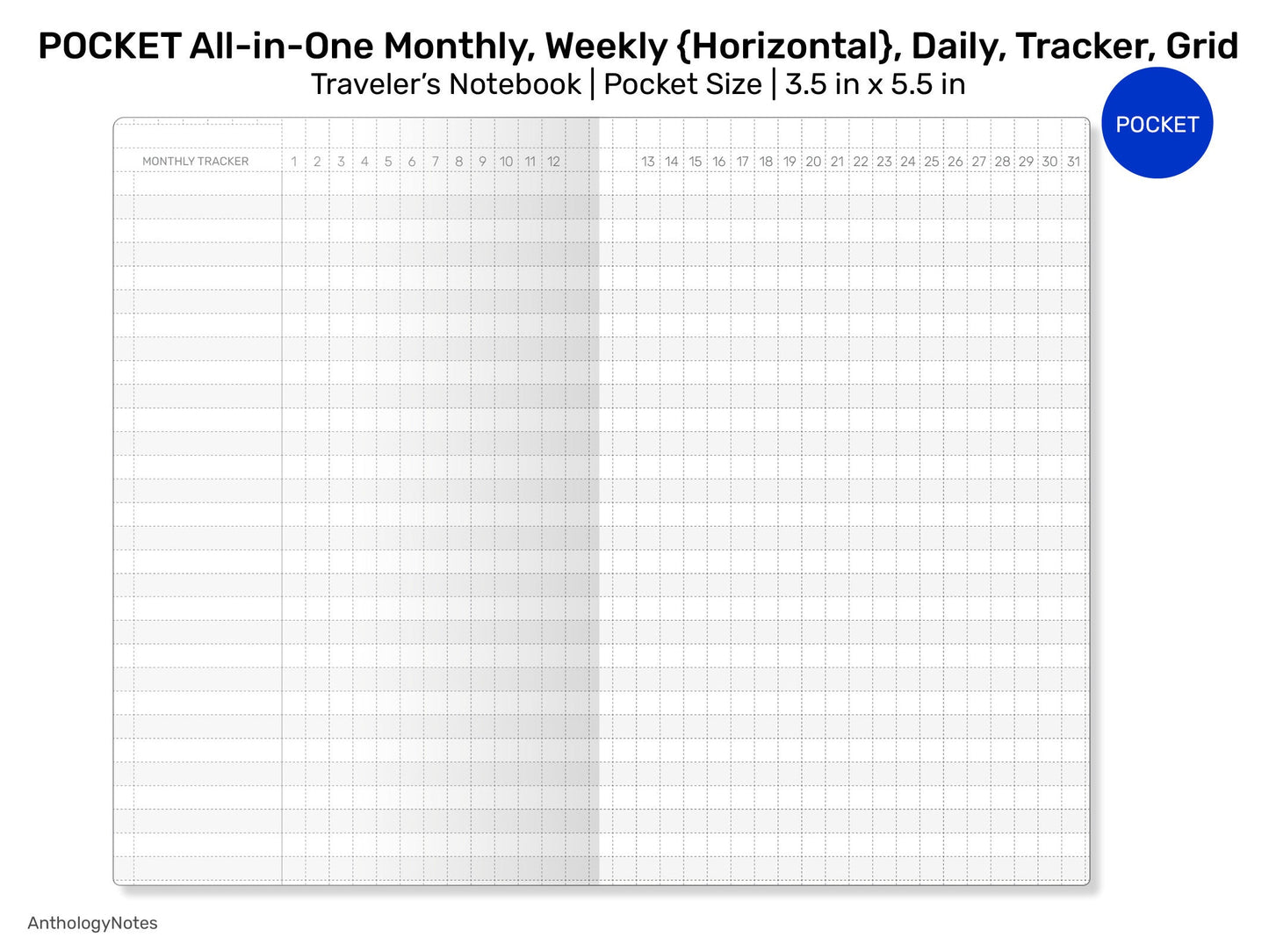 POCKET TN All-in-One Monthly View, Tracker, Weekly HORIZONTAL, Daily, To Do List Printable Traveler's Notebook Refill