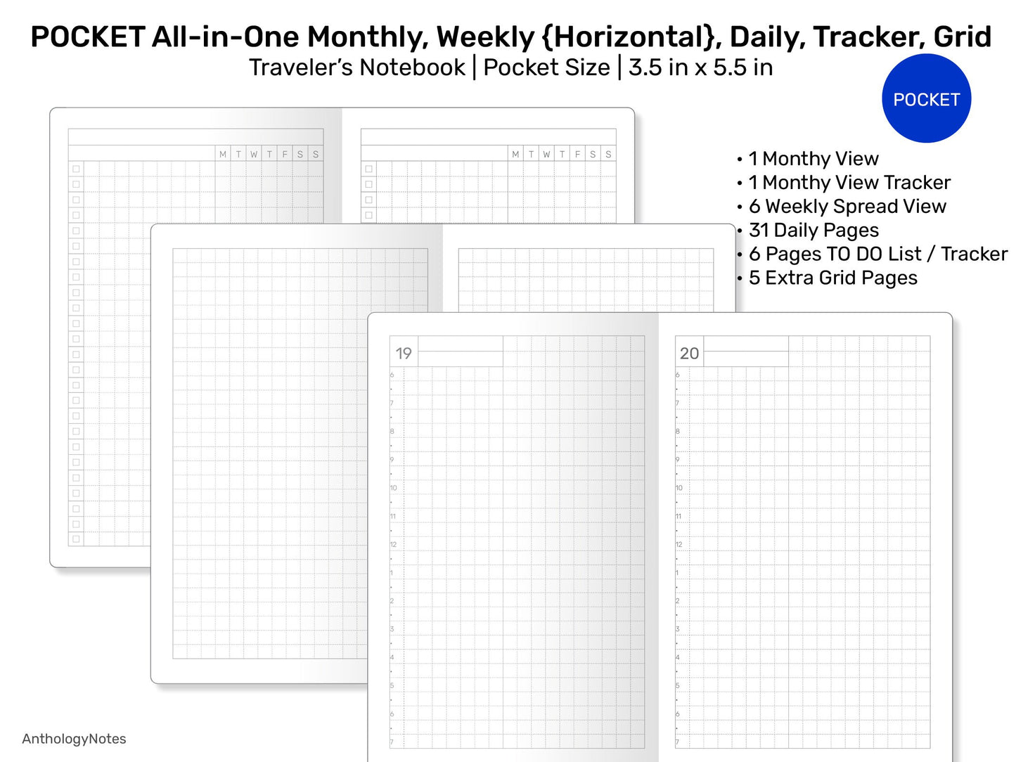 POCKET TN All-in-One Monthly View, Tracker, Weekly HORIZONTAL, Daily, To Do List Printable Traveler's Notebook Refill