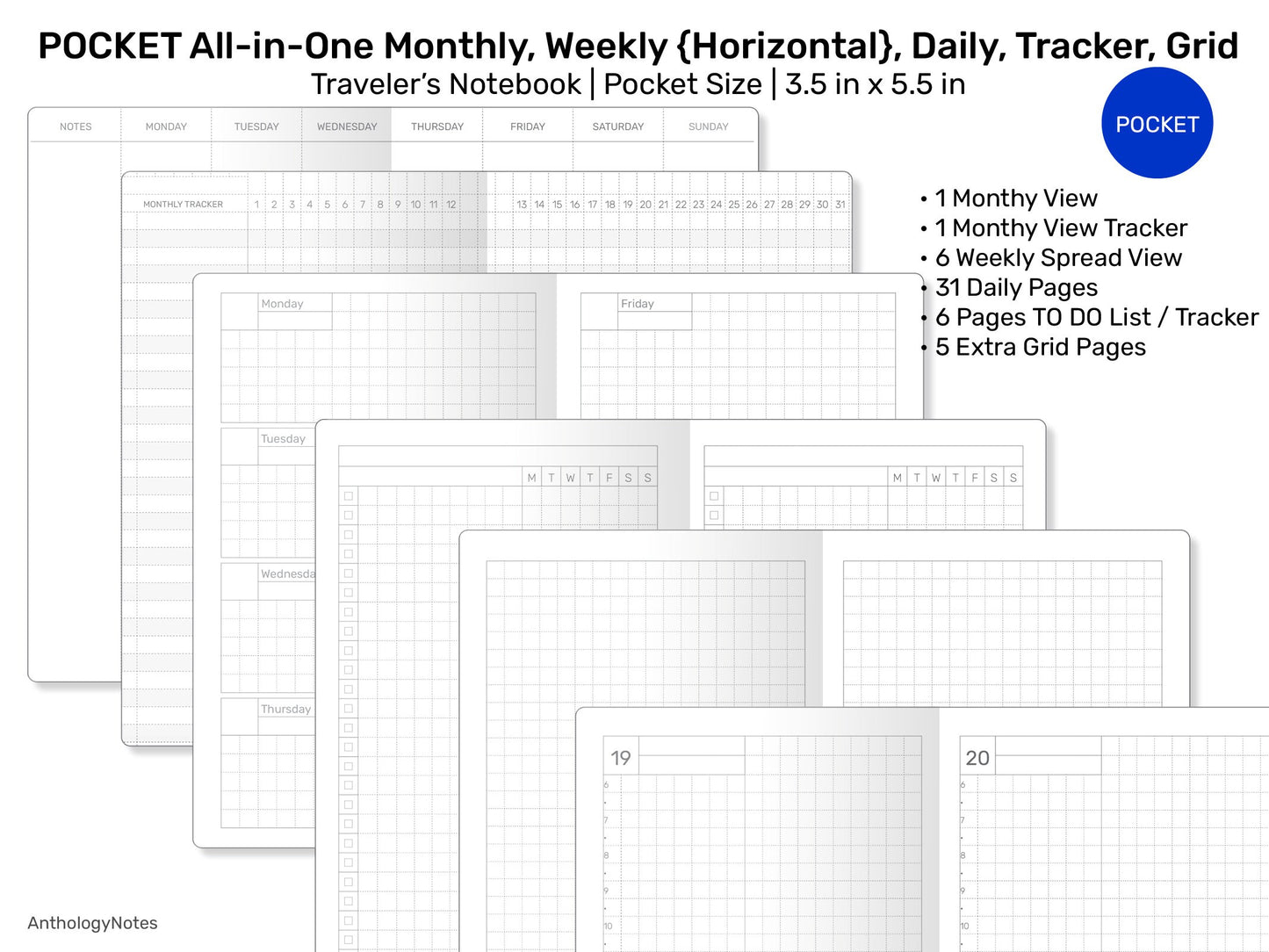 POCKET TN All-in-One Monthly View, Tracker, Weekly HORIZONTAL, Daily, To Do List Printable Traveler's Notebook Refill