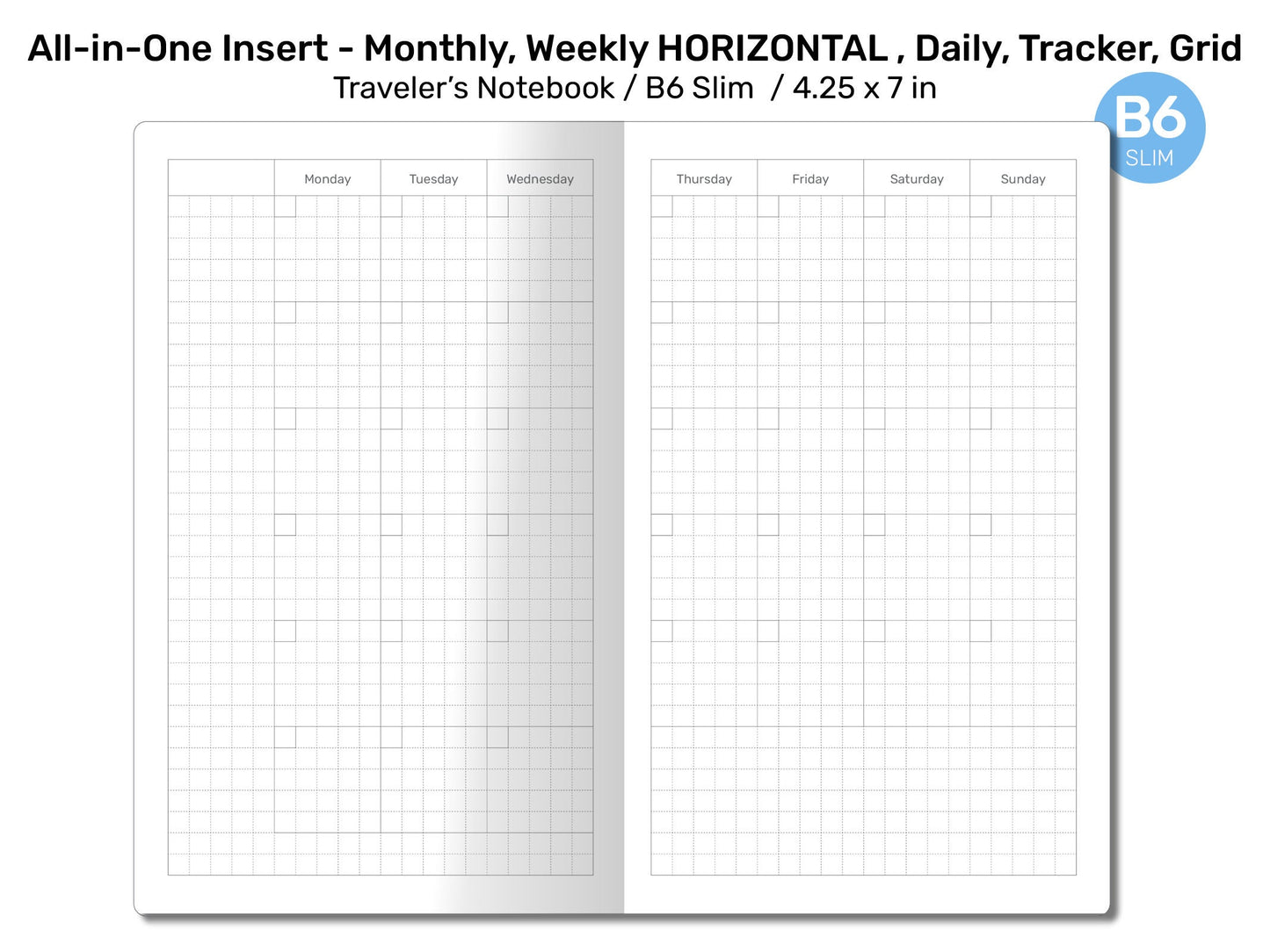 B6 Slim TN All-in-One Monthly, Weekly HORIZONTAL, Tracker To Do, List, Grid Printable Traveler's Notebook Printable Refill Insert B6SL22-002