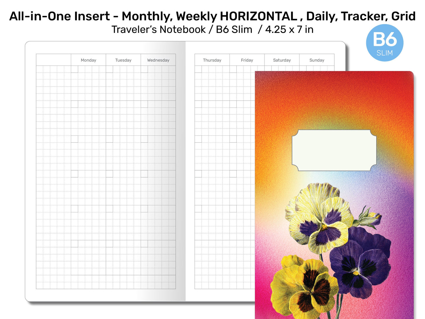 B6 Slim TN All-in-One Monthly, Weekly HORIZONTAL, Tracker To Do, List, Grid Printable Traveler's Notebook Printable Refill Insert B6SL22-002