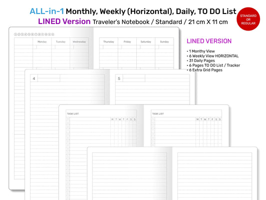 Standard TN ALL-in-1 LINED Monthly, Weekly Horizontal, Daily, List Printable Traveler's Notebook Refill Insert - Minimalist RTN22-004B
