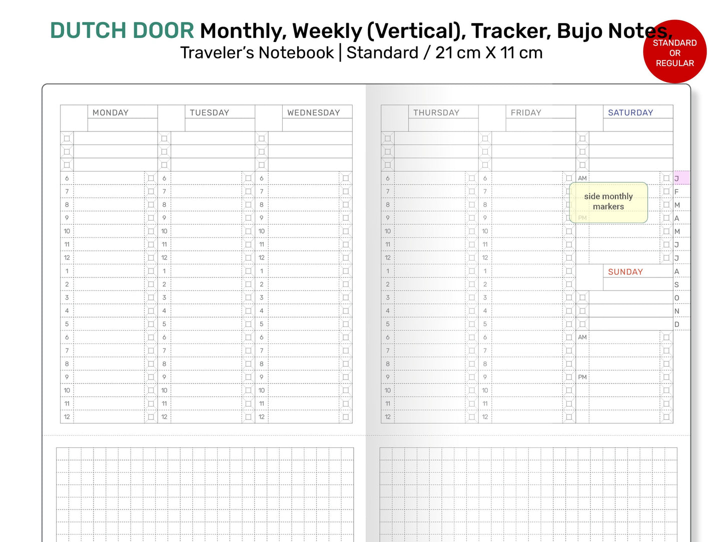 Standard TN DUTCH DOOR Weekly Vertical, Monthly, Tracker, Printable Traveler's Notebook Refill - DDR01