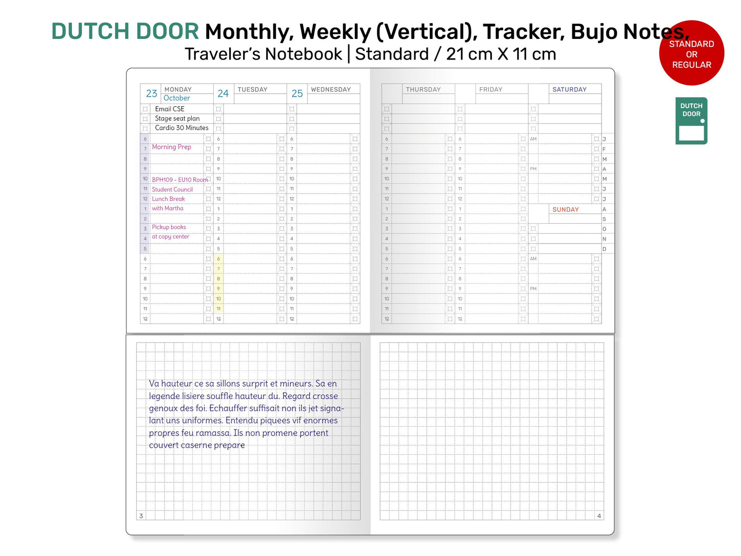 Standard TN DUTCH DOOR Weekly Vertical, Monthly, Tracker, Printable Traveler's Notebook Refill - DDR01