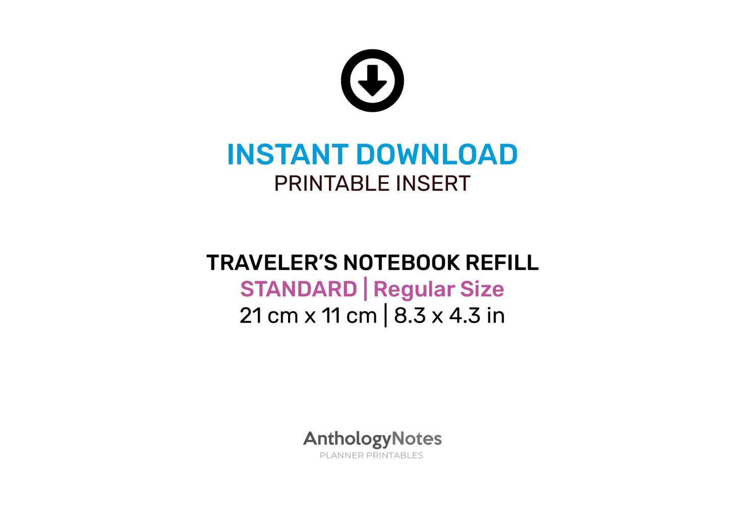 Weekly View Traveler's Notebook Standard Size - LANDSCAPE Format - Printable Insert GRID - Vertical Wo2P Minimalist - Monday / Sunday Start