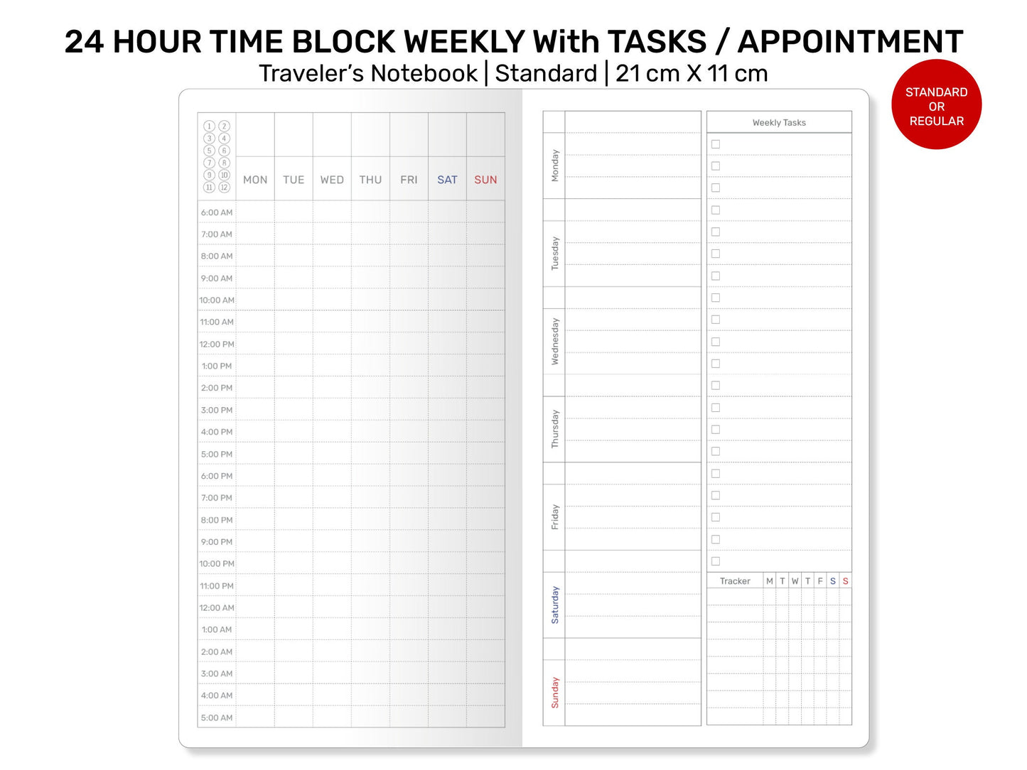 Standard TN WEEKLY 24 Hour Time Block with Appointments, Tasks and Tracker RTN070