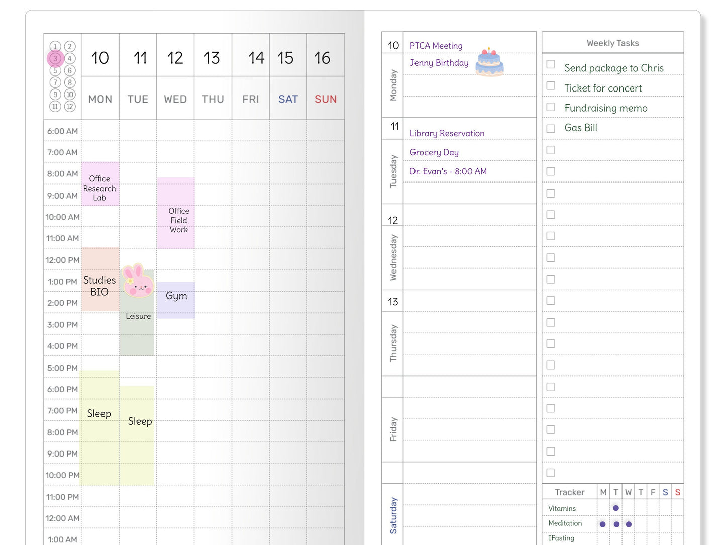 Standard TN WEEKLY 24 Hour Time Block with Appointments, Tasks and Tracker RTN070