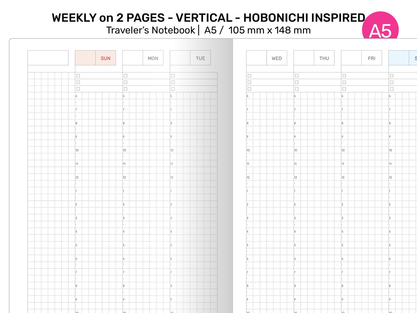 A5 Weekly View Grid HOBONICHI Inspired Traveler's Notebook Printable Insert - Undated Wo2P Vertical A5003