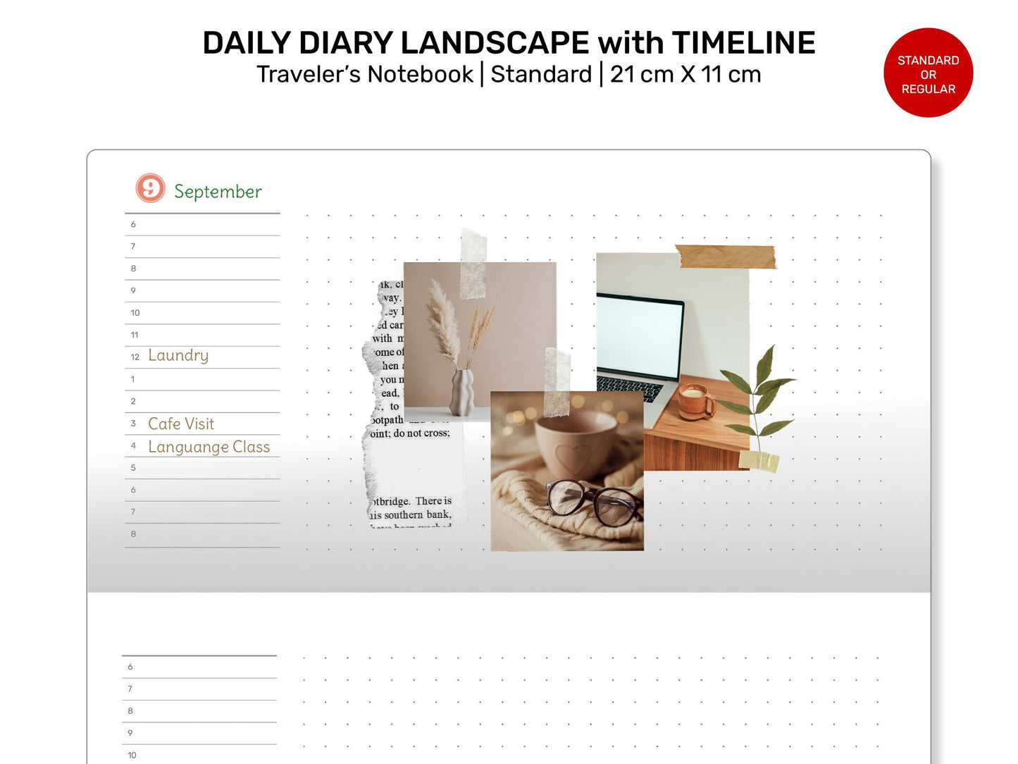 Daily DIARY Landscape TN Standard Printable Minimalist Refill Insert