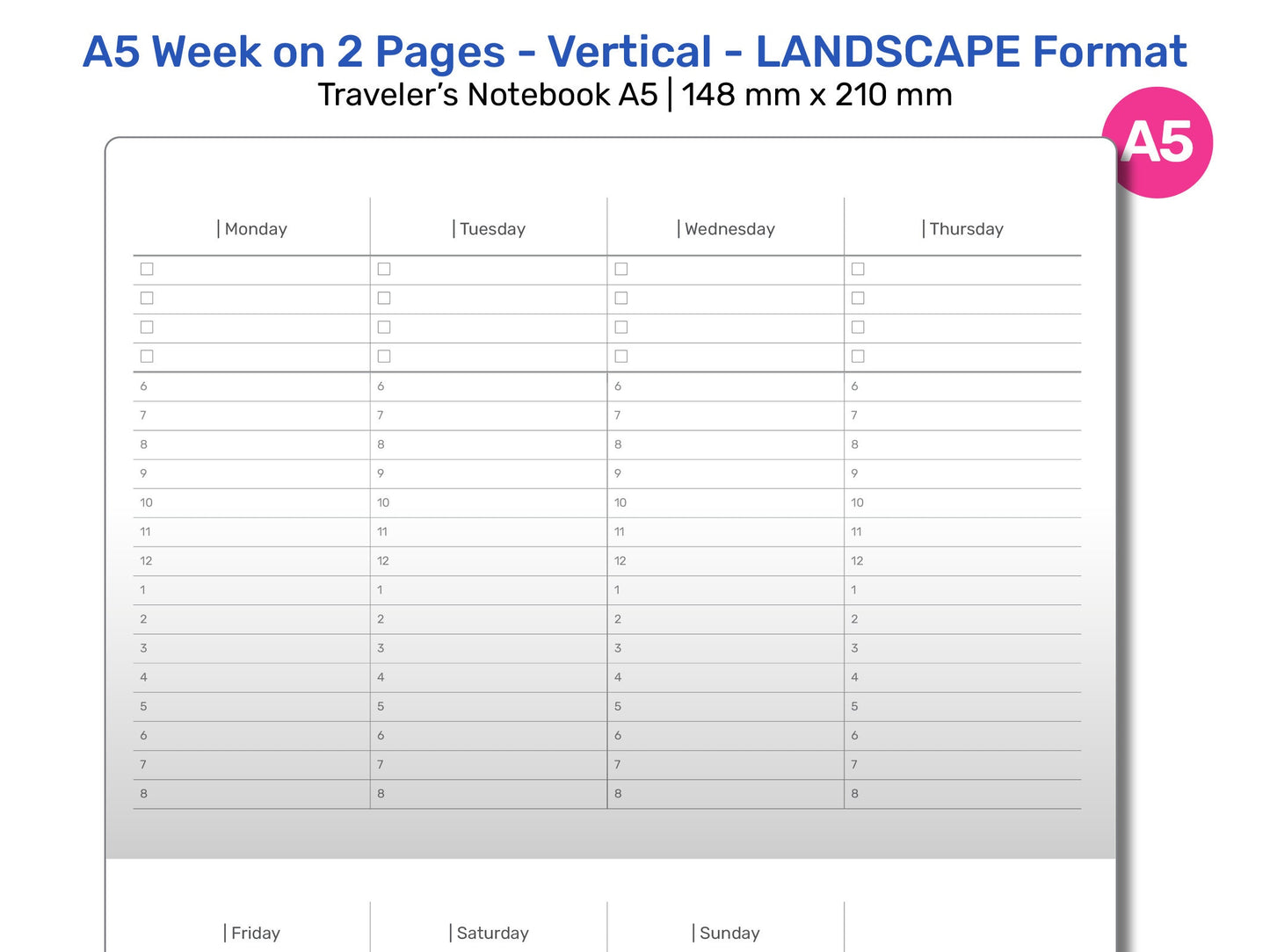 TN A5 Weekly Vertical Landscape Timeline Printable Traveler's Notebook Insert Minimalist Refill  A522-008