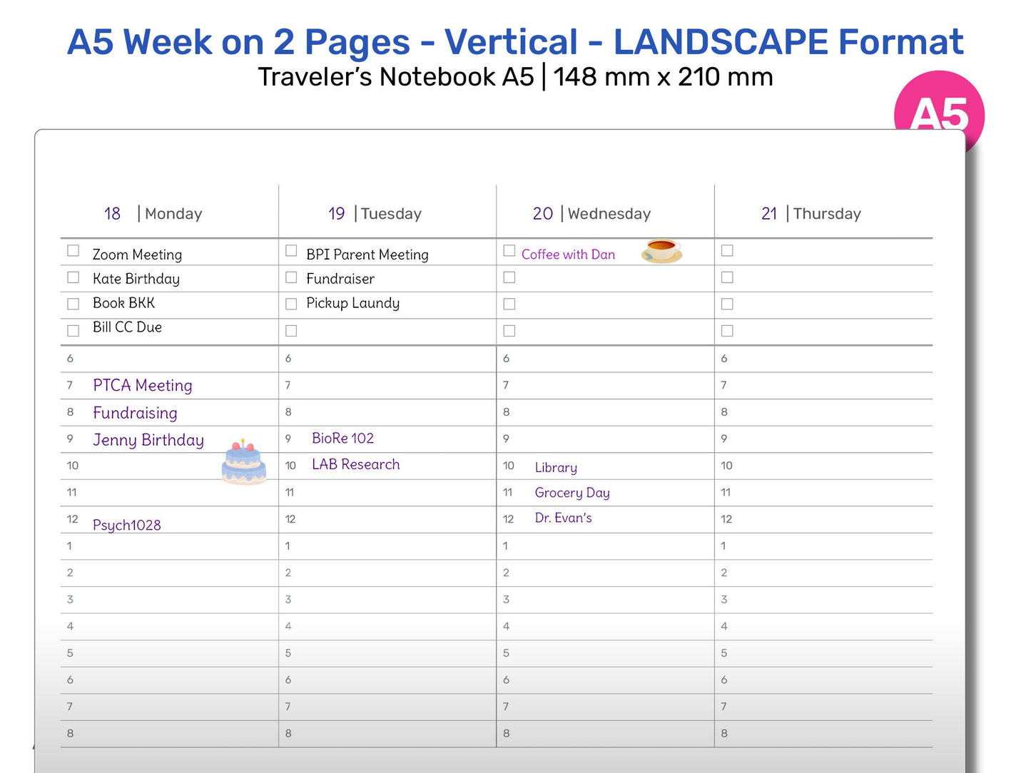 TN A5 Weekly Vertical Landscape Timeline Printable Traveler's Notebook Insert Minimalist Refill  A522-008