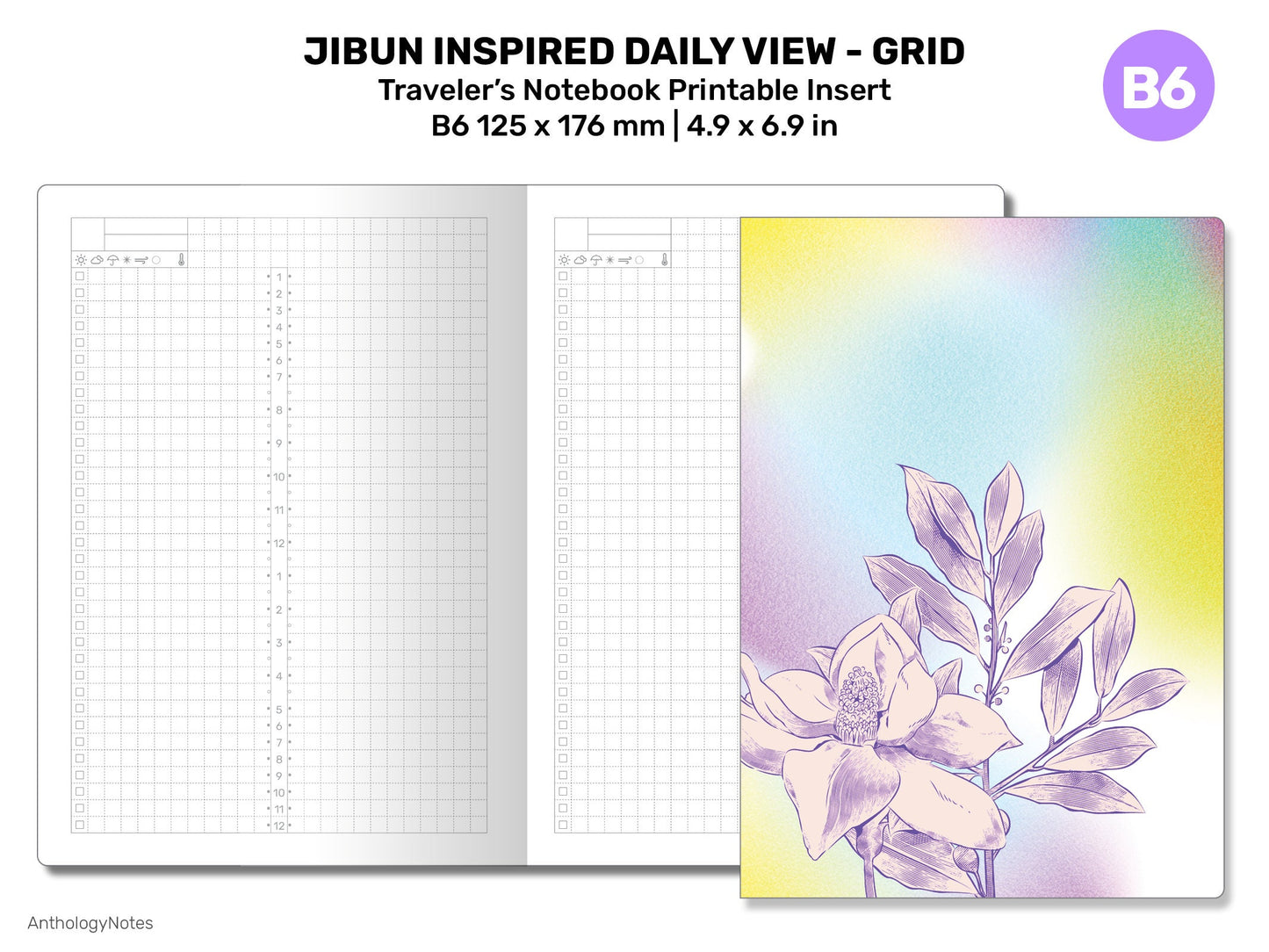 B6 Daily JIBUN-Inspired Printable Traveler's Notebook Insert Minimalist GRID B6033