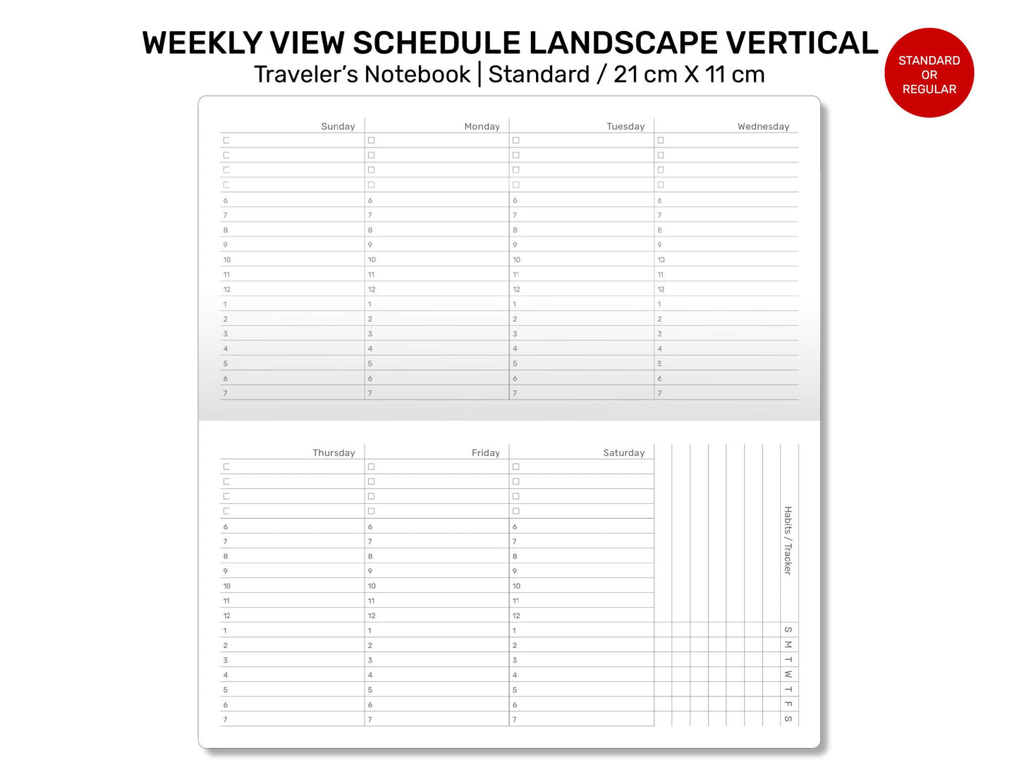 Standard TN Weekly LANDSCAPE - VERTICAL Format Printable Refill Traveler's Notebook  RTN022-010