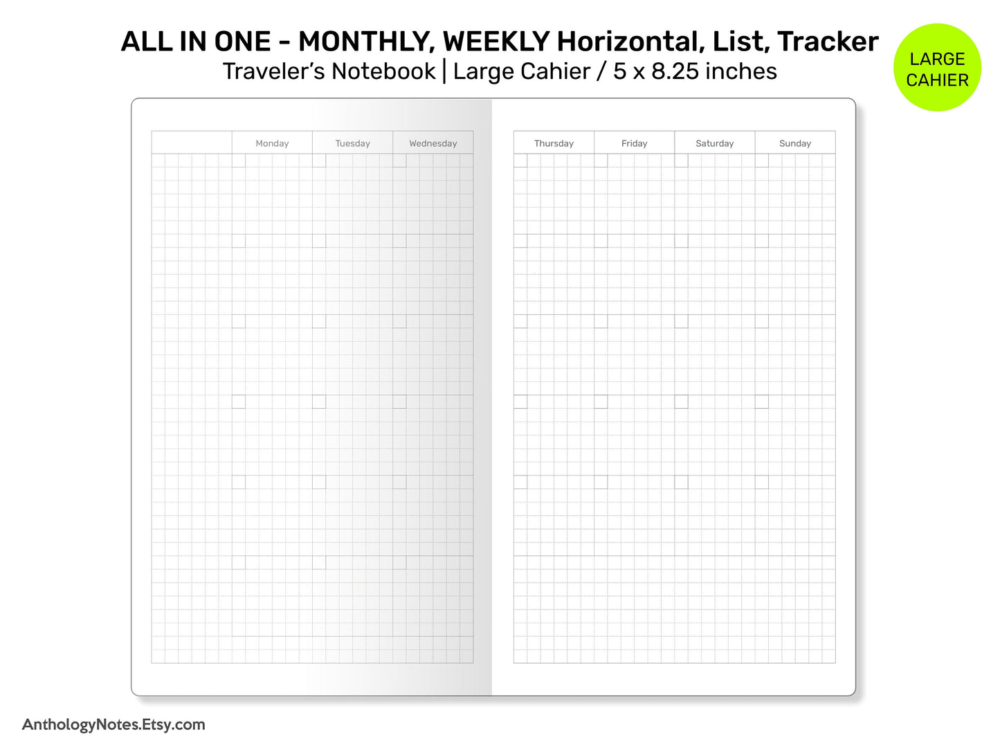 CAHIER TN All-in-ONE Insert, Monthly, Weekly Horizontal, List, Tracker, Notes Printable Traveler's Notebook Insert CH22-001