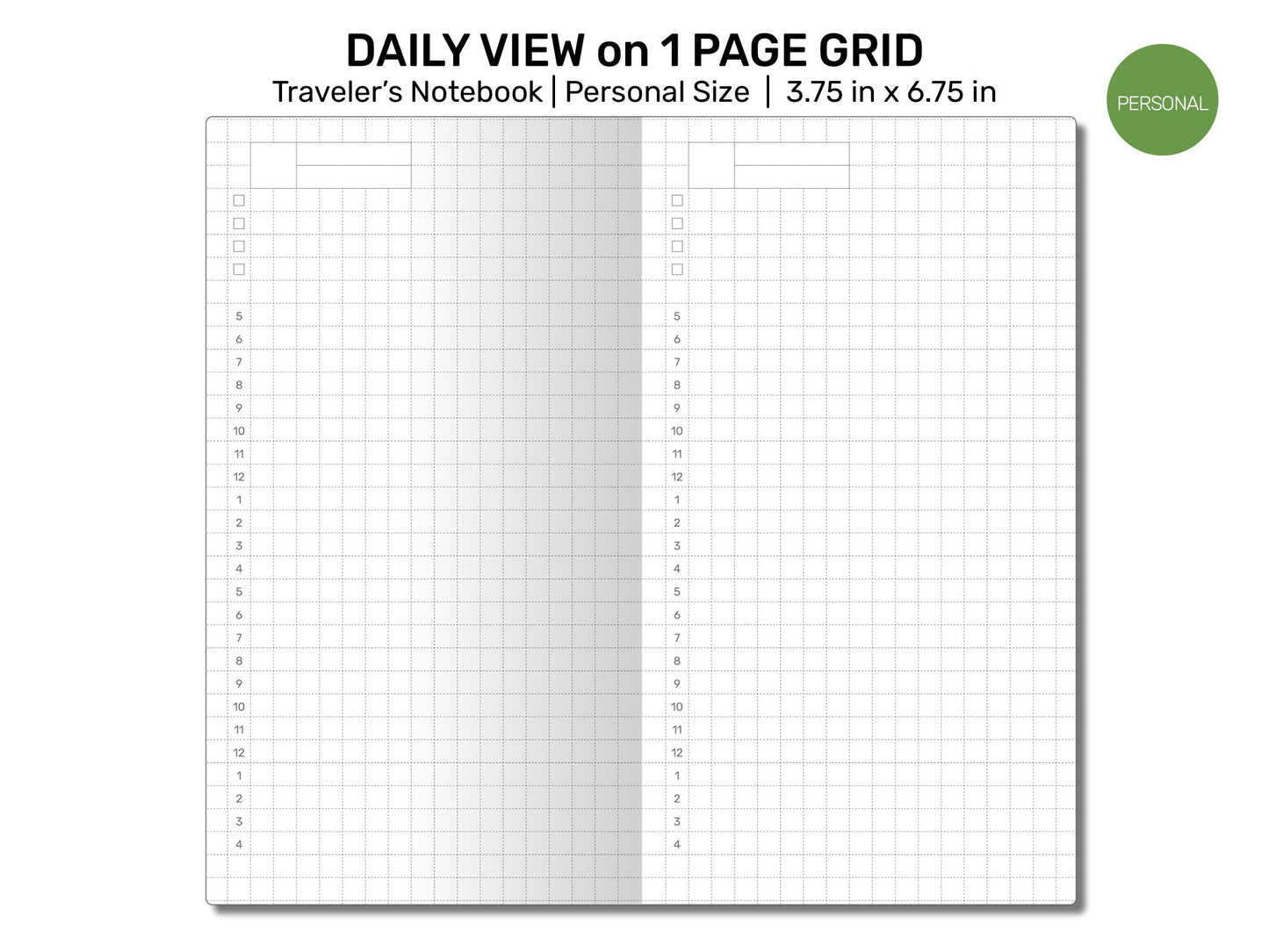 Personal Size TN GRID Daily View Do1P Printable Refill Traveler's Notebook Insert Minimalist Functional