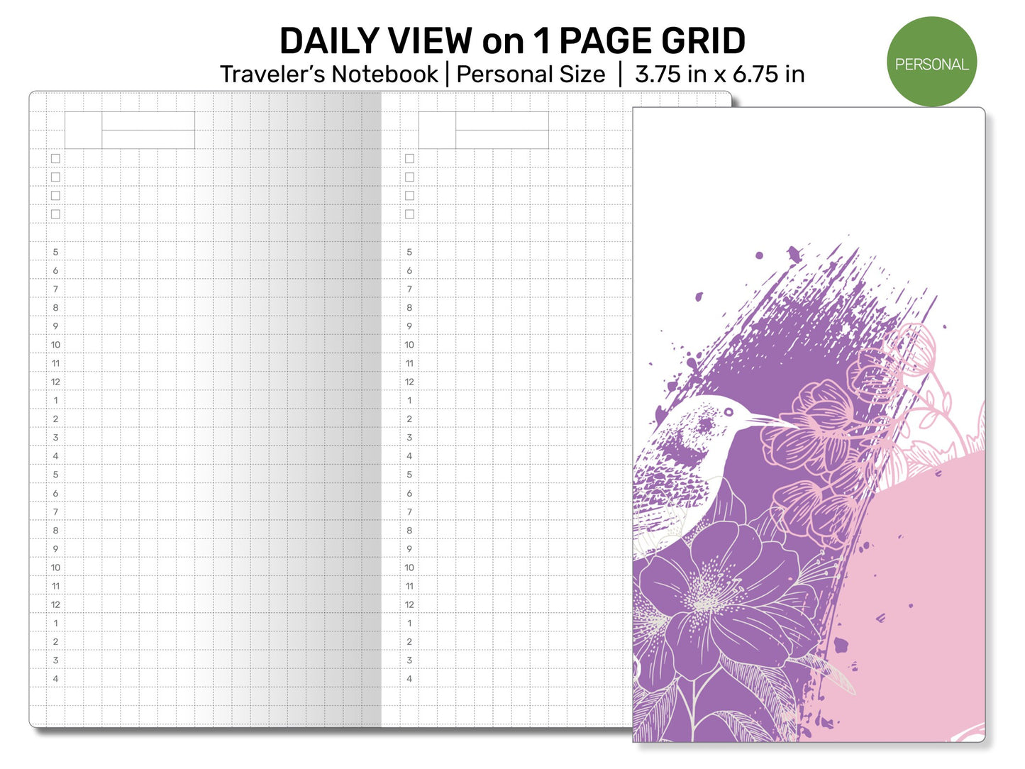 Personal Size TN GRID Daily View Do1P Printable Refill Traveler's Notebook Insert Minimalist Functional