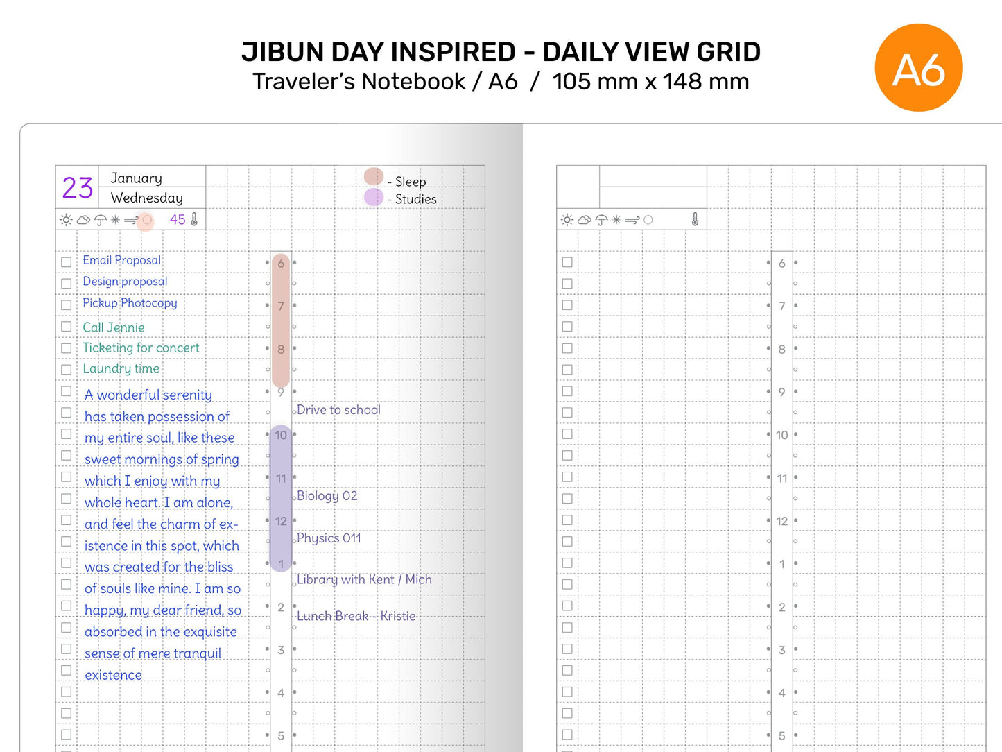 A6 TN Daily JIBUN Day Inspired Printable Traveler's Notebook Refill Insert GRID Undated A622-004