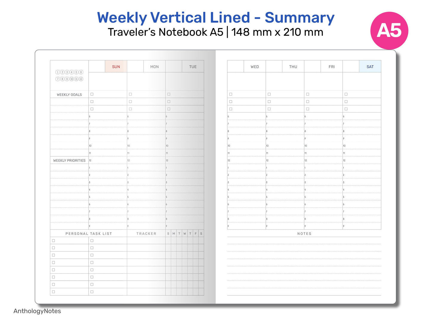 TN A5 Weekly Vertical Summary Wo2P Lined with Weekly Tracker Printable Traveler's Notebook Insert