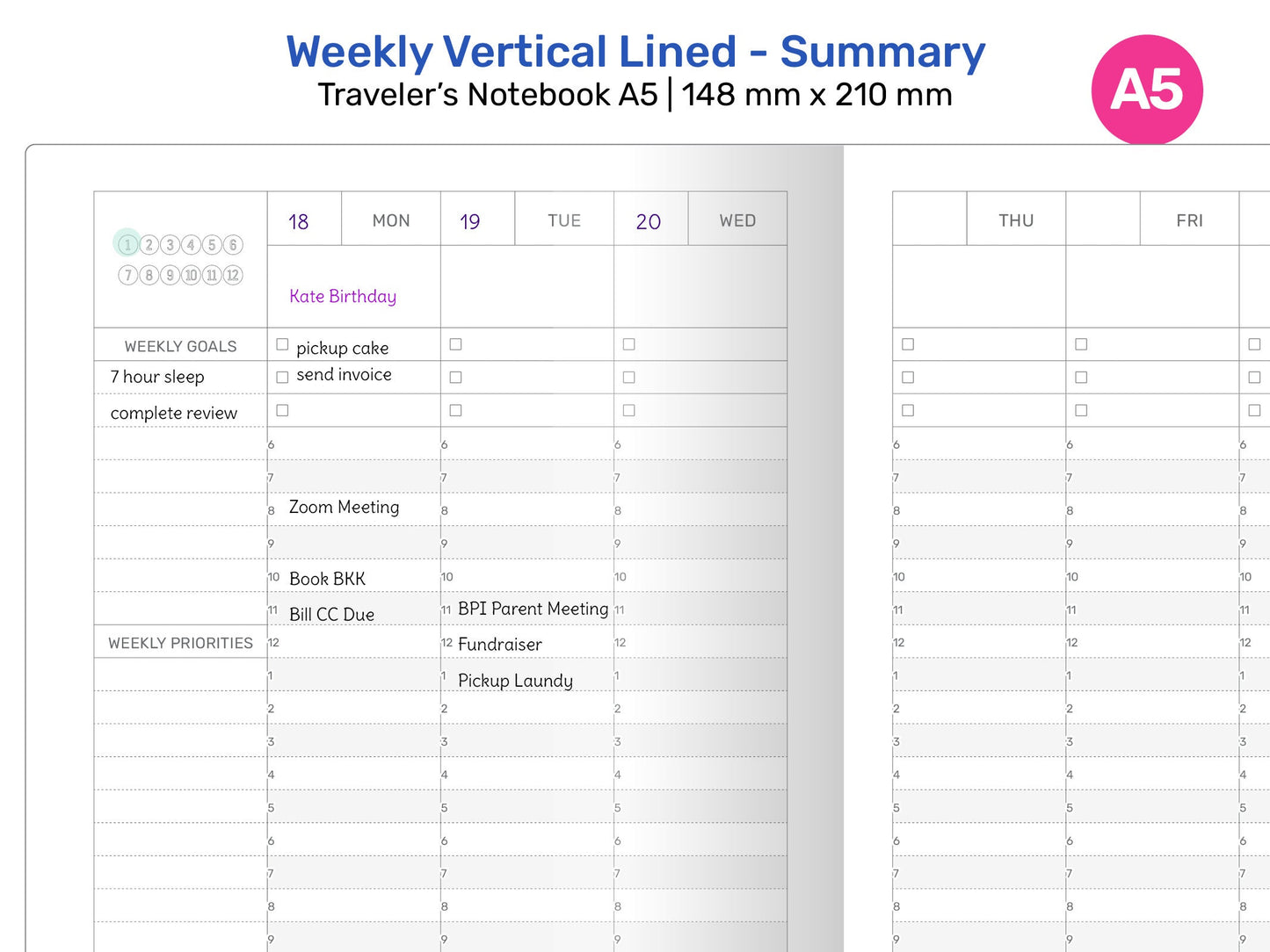 TN A5 Weekly Vertical Summary Wo2P Lined with Weekly Tracker Printable Traveler's Notebook Insert