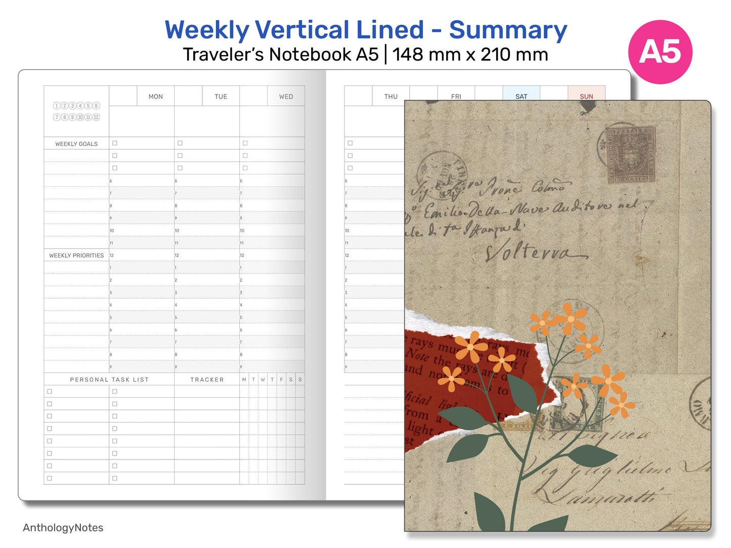 TN A5 Weekly Vertical Summary Wo2P Lined with Weekly Tracker Printable Traveler's Notebook Insert