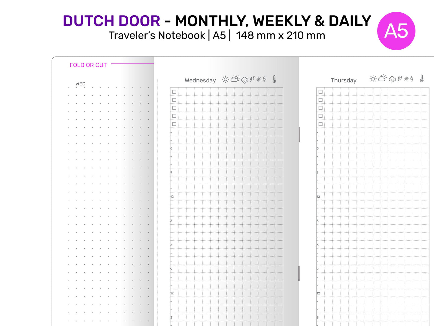 A5 TN Dutch Door Style Traveler's Notebook Printable Insert Daily, Weekly, Monthly Grid Minimalist DD-A5001