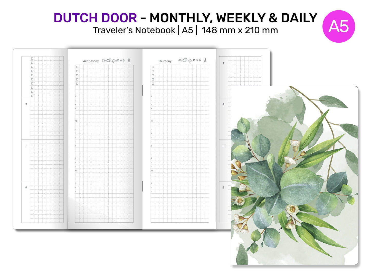 A5 TN Dutch Door Style Traveler's Notebook Printable Insert Daily, Weekly, Monthly Grid Minimalist DD-A5001