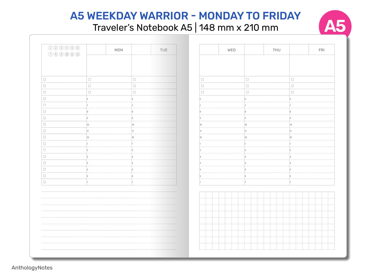 TN A5 WEEKDAY Warrior Vertical Printable Insert Refill for Traveler's Notebook Standard | Monday to Friday Only