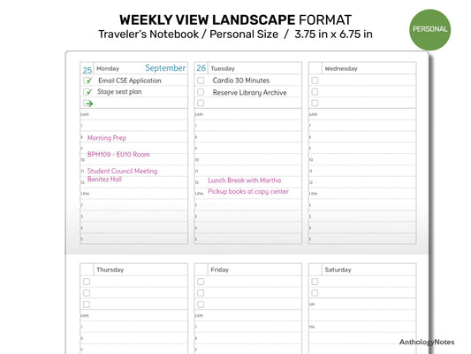 TN Personal Weekly LANDSCAPE FORMAT Undated Wo2P Printable Traveler's Notebook Insert