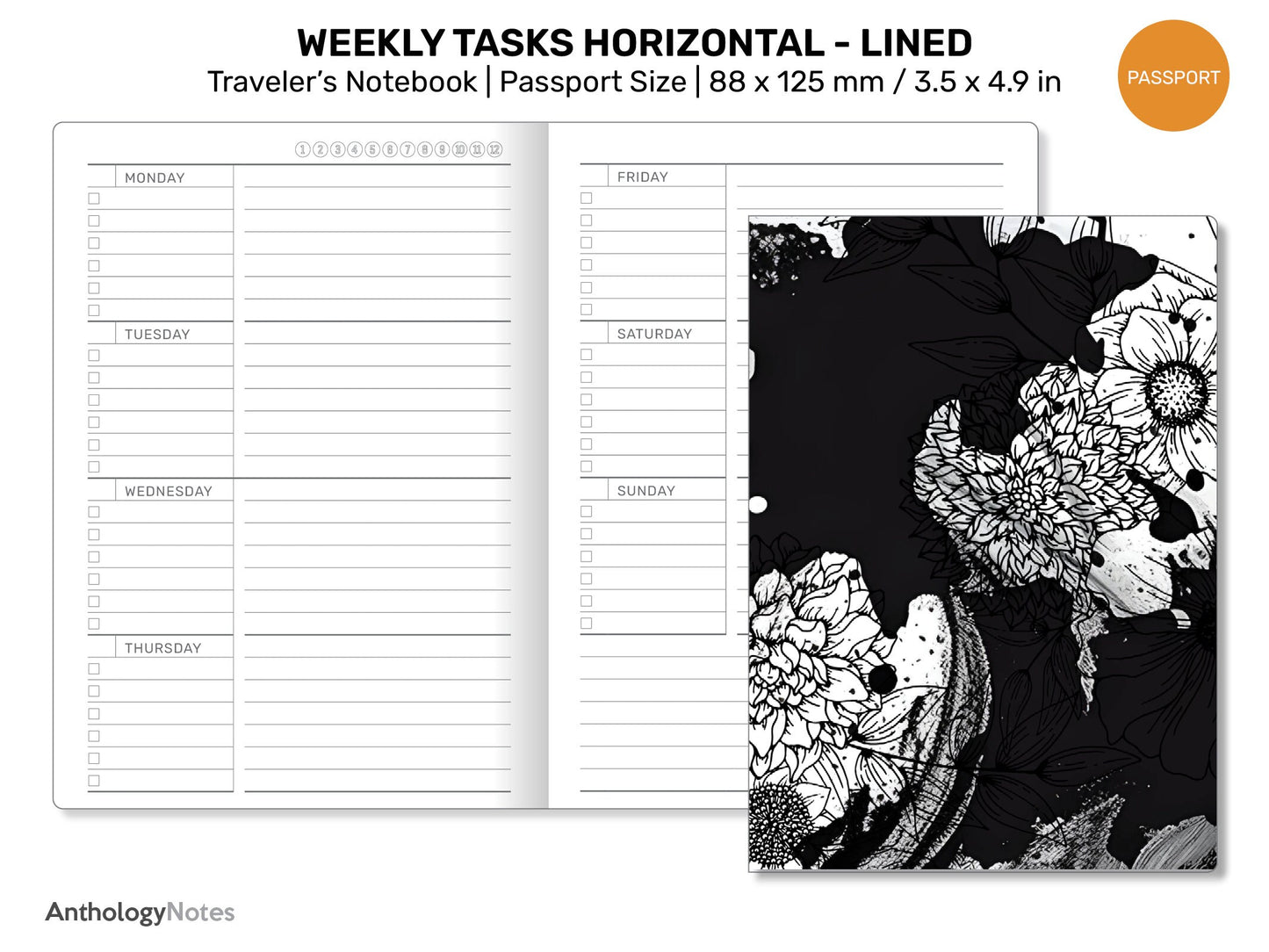 TN PASSPORT Weekly Horizontal Tasks List & Notes Lined Printable Refill Traveler's Notebook PP22-007