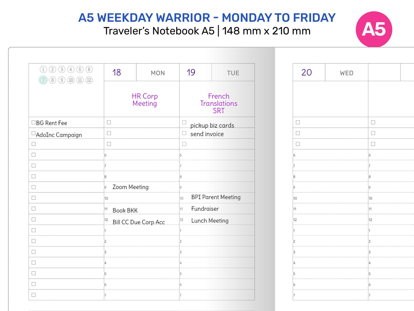 TN A5 WEEKDAY Warrior Vertical Printable Insert Refill for Traveler's Notebook Standard | Monday to Friday Only