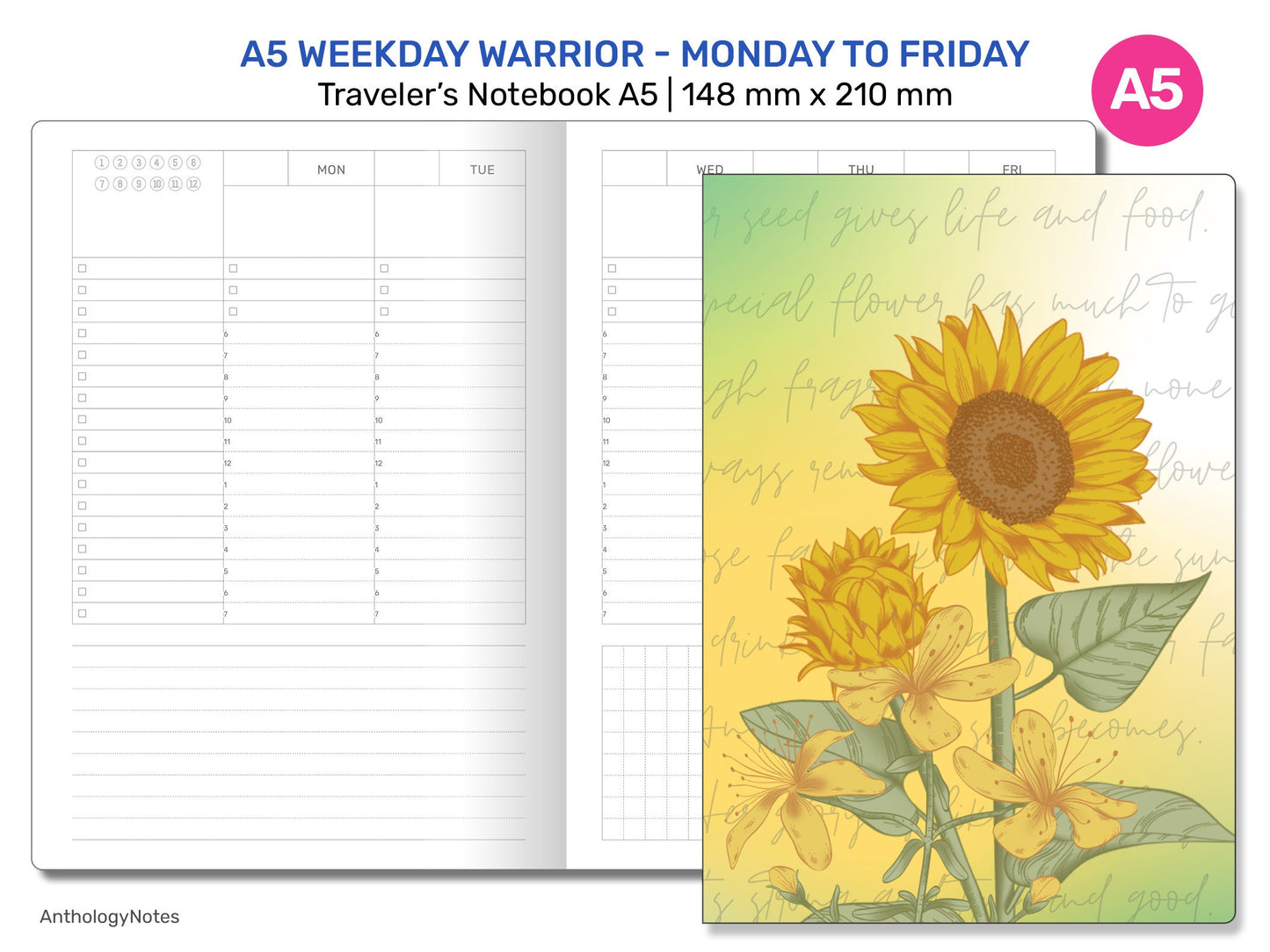 TN A5 WEEKDAY Warrior Vertical Printable Insert Refill for Traveler's Notebook Standard | Monday to Friday Only