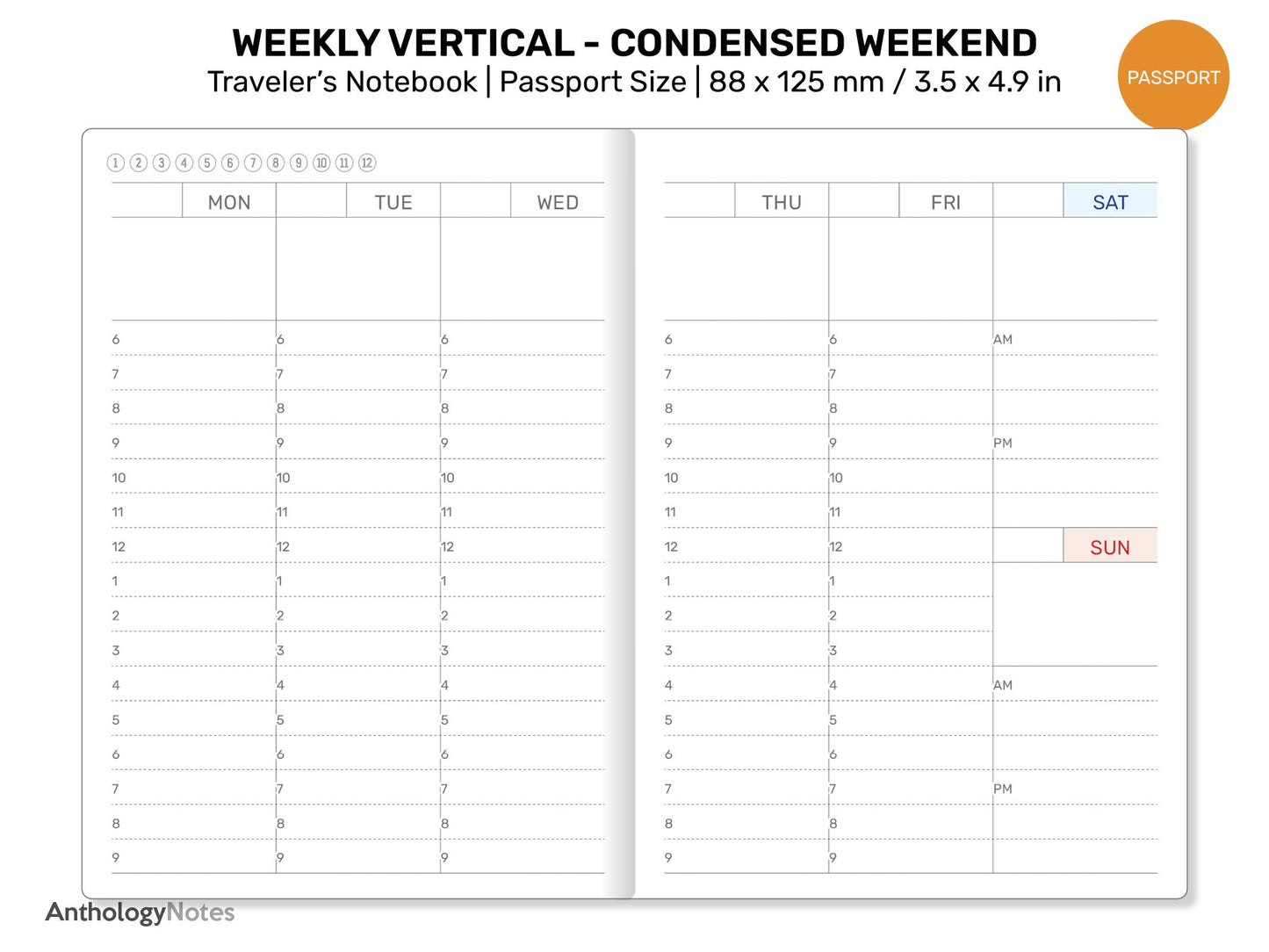 TN Passport Weekly Vertical Consensed Weekend LINED Printable Insert Refill Minimalist