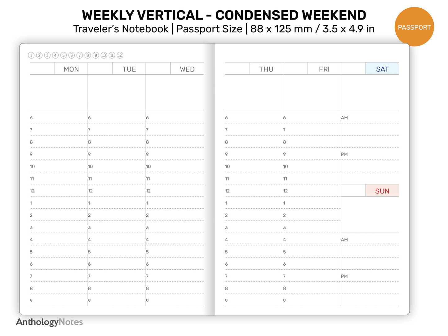 TN Passport Weekly Vertical Consensed Weekend LINED Printable Insert Refill Minimalist