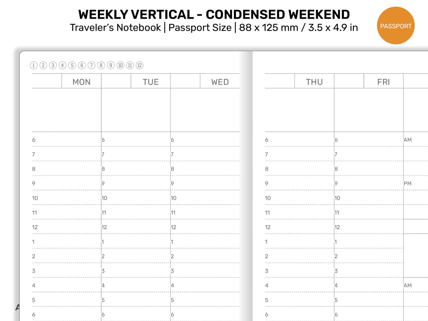 TN Passport Weekly Vertical Consensed Weekend LINED Printable Insert Refill Minimalist