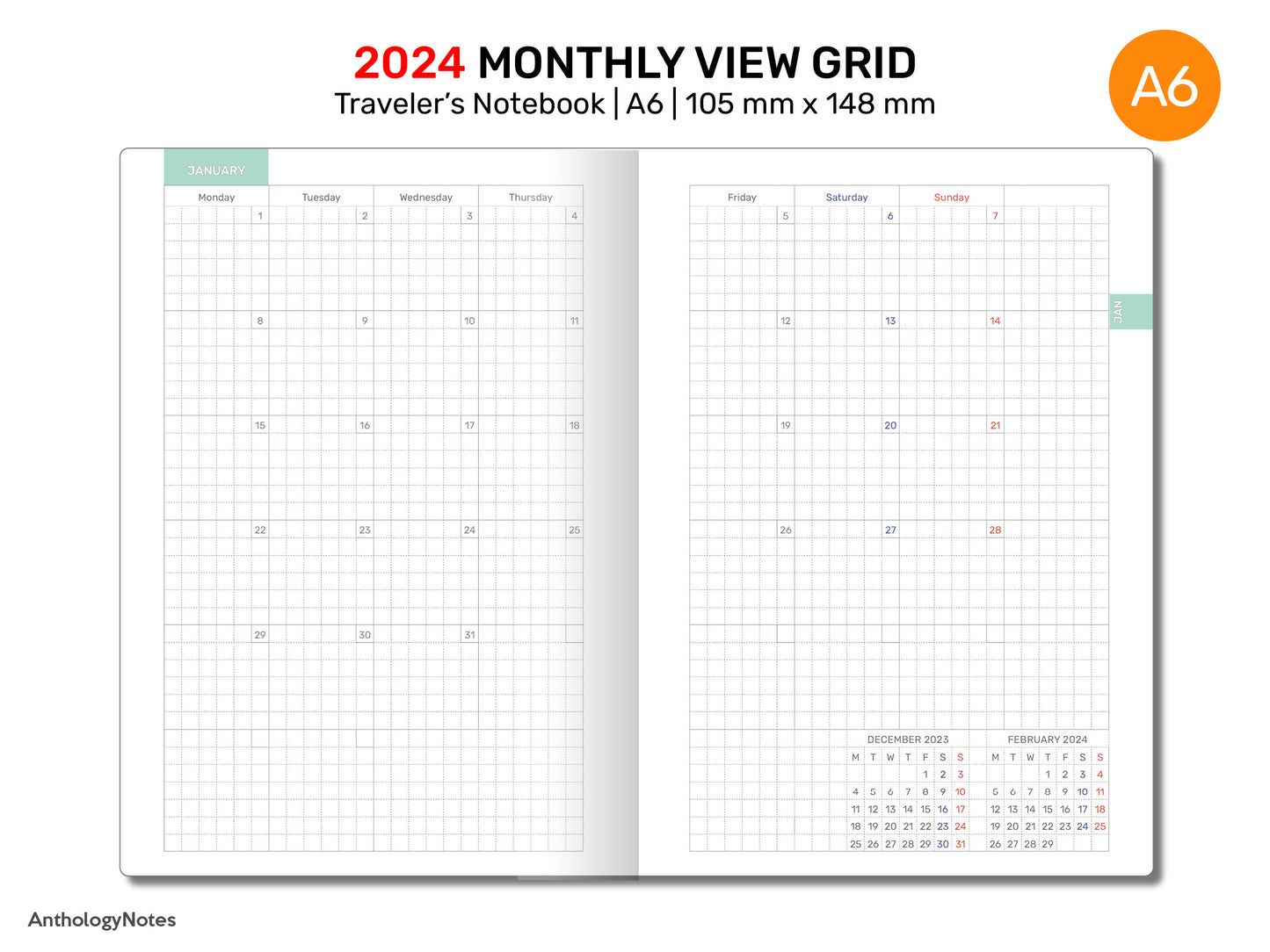 A6 2024 Monthly GRID Traveler's Notebook Printable Diary Insert DA6007B