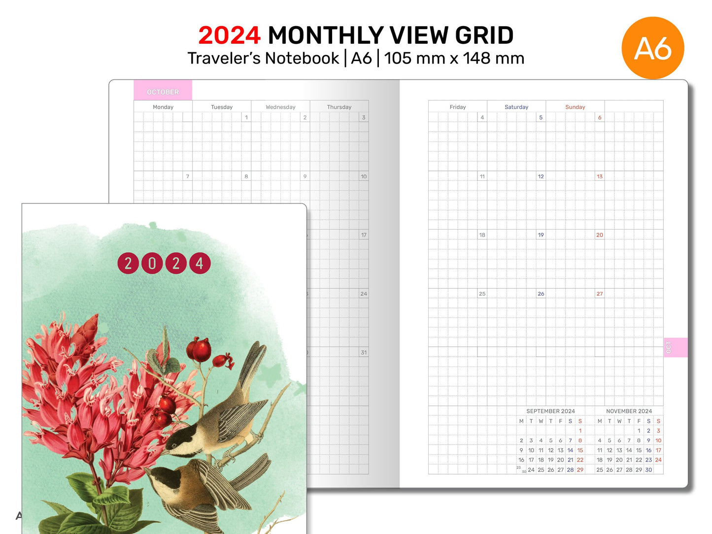 A6 2024 Monthly GRID Traveler's Notebook Printable Diary Insert DA6007B