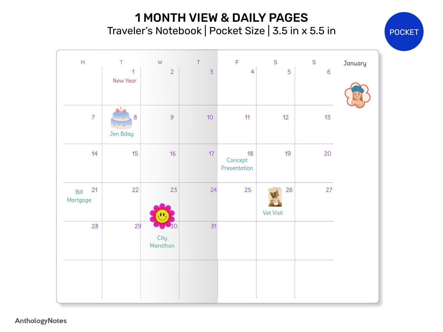 POCKET TN Monthly Daily Schedule Mix - Minimalist & Functional Midori Inspired Traveler's Notebook Printable Refill Insert FN22-001