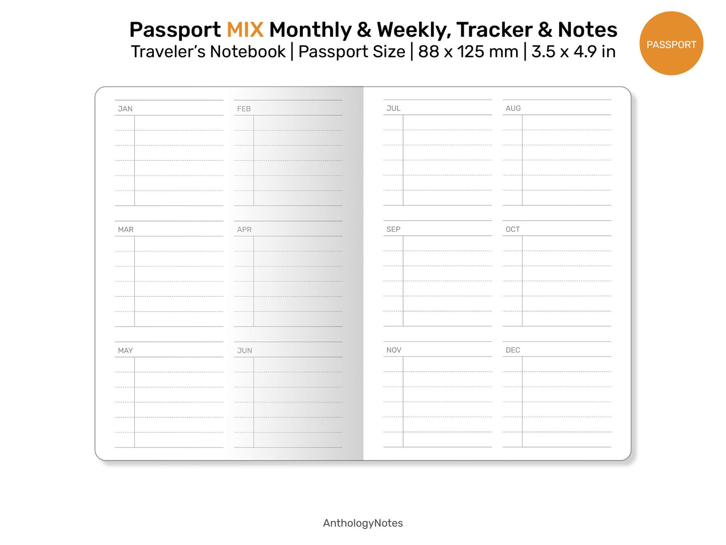 Passport TN MIX Monthly, Weekly Horizontal, Monthly Habit Tracker, Notes & List Printable Traveler's Notebook Refill Insert PPM-002